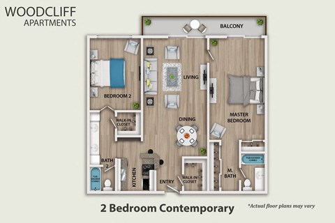 Floor plan for 2 beds, 2 baths, 1100 sqft